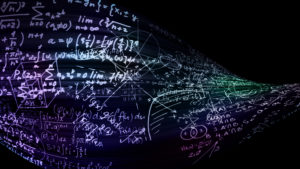 3D rendering of abstract blocks of mathematical formulas located in the virtual space